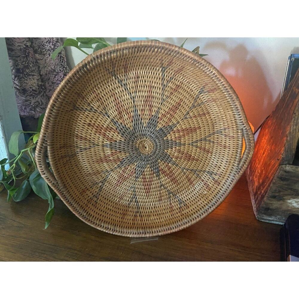 Decorative tribal pattern boho multi color woven tray basket